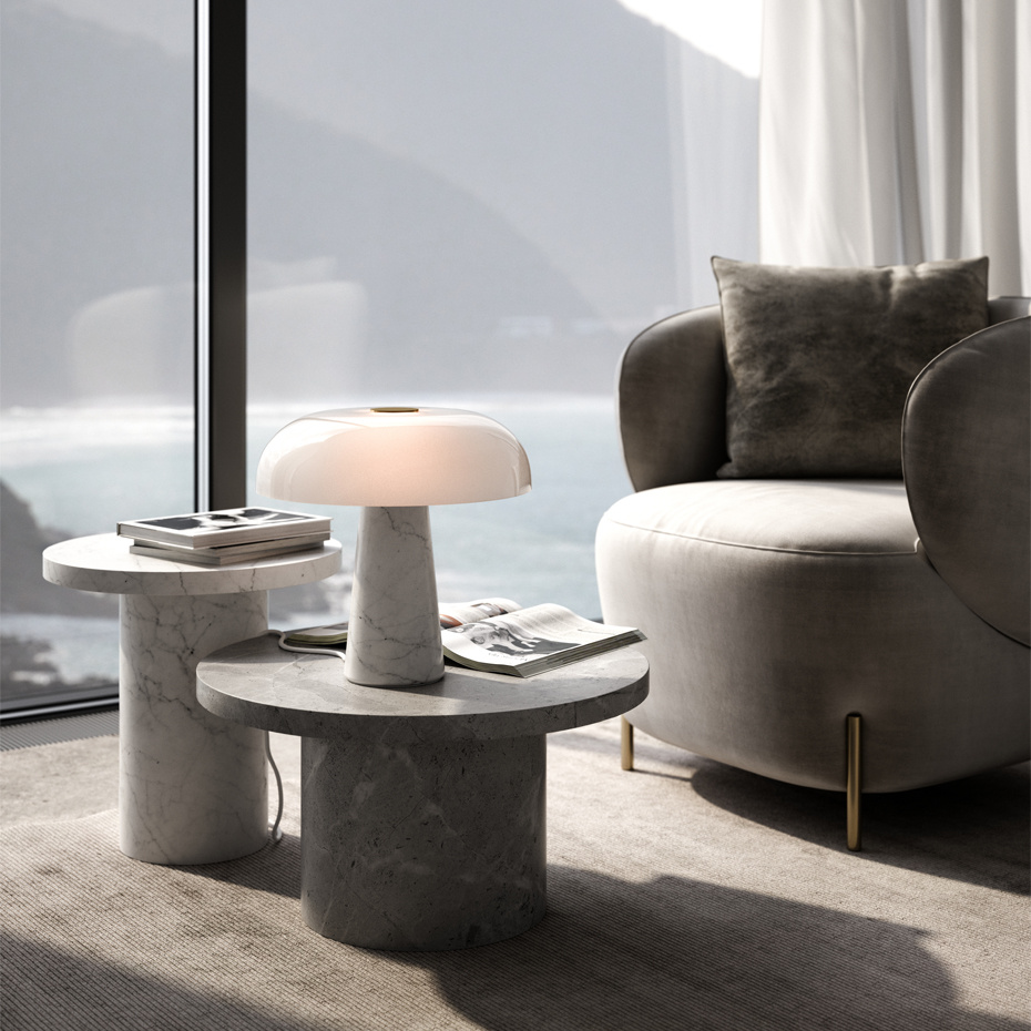 Glossy Bordslampa Vit Marmor/Opalglas