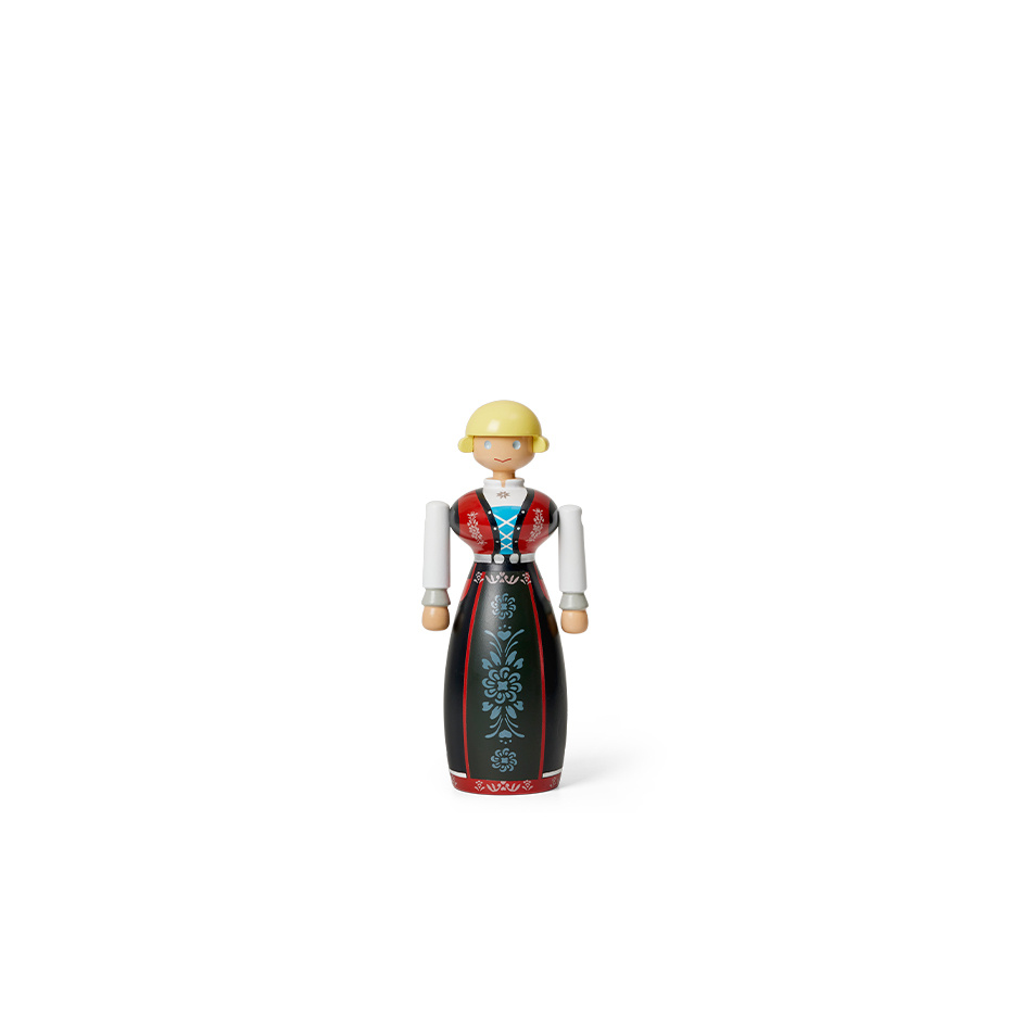 Norsk Bunad Kvinna Träfigur Svart/Röd/Vit