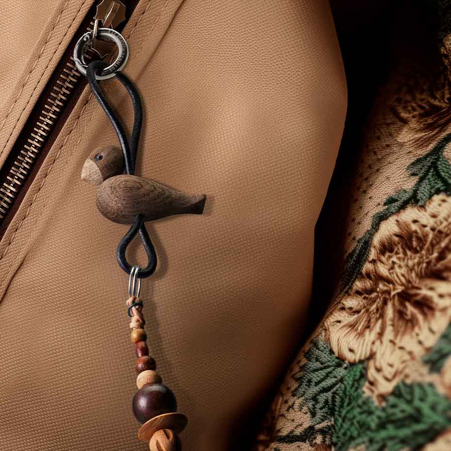 Fågel Nyckelring Guldfärgad Naturläder/Ek