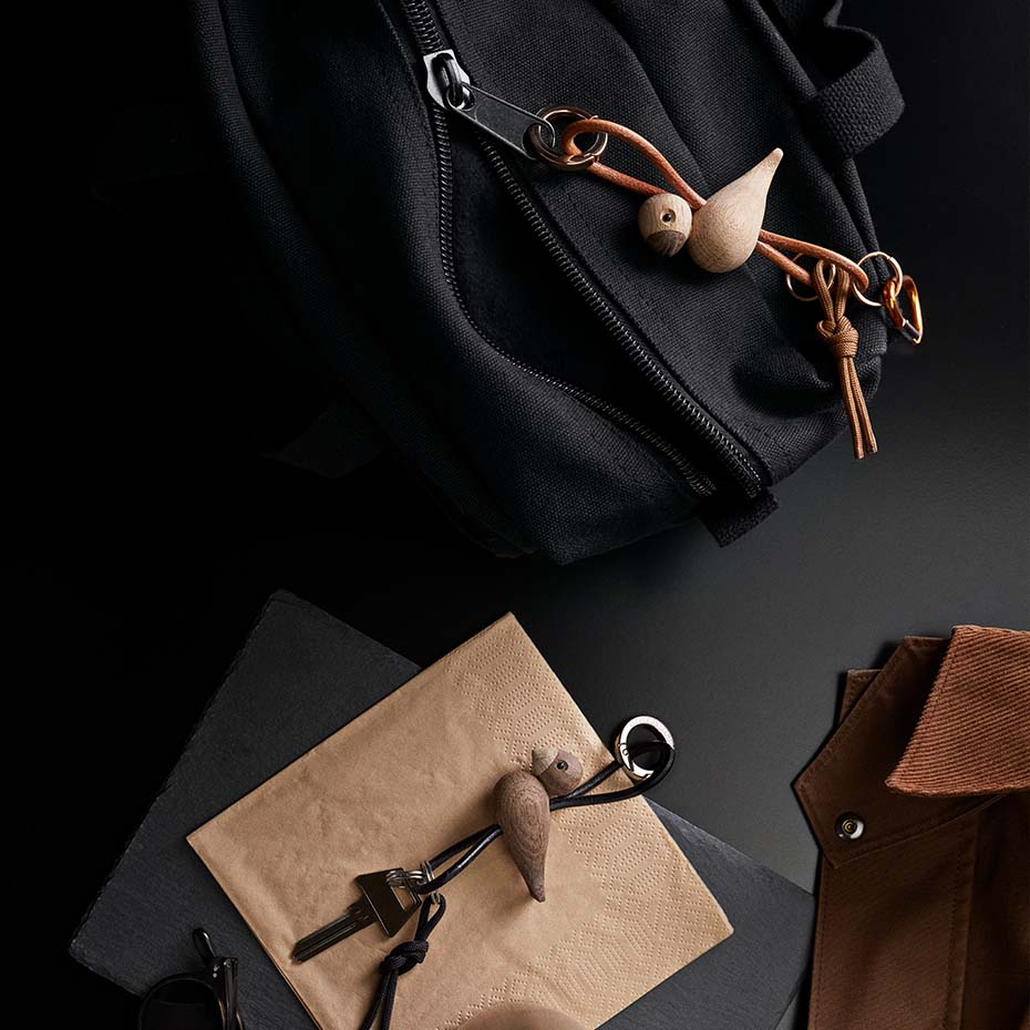 Fågel Nyckelring Silverfärgad Svart Läder/Rökt Ek