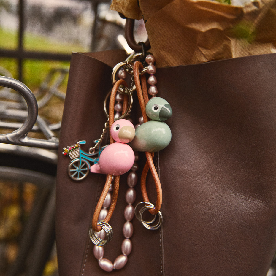 Fågel Nyckelring Silverfärgad Naturläder/Rosa