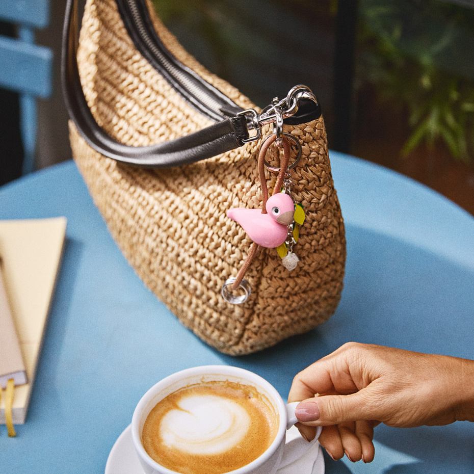 Fågel Nyckelring Silverfärgad Naturläder/Rosa