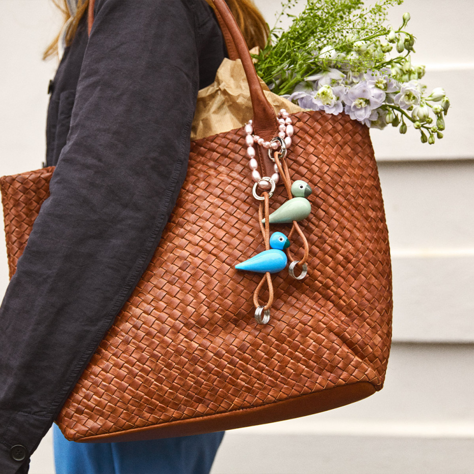 Fågel Nyckelring Silverfärgad Naturläder/Grön