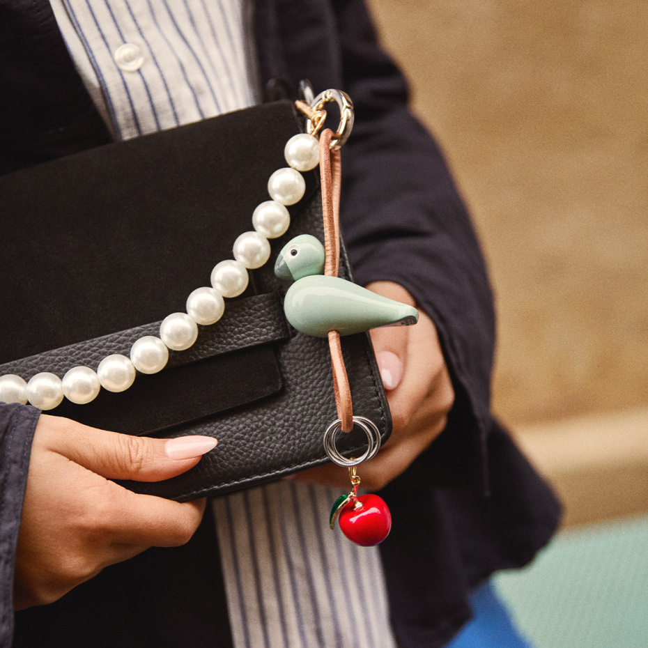 Fågel Nyckelring Silverfärgad Naturläder/Grön