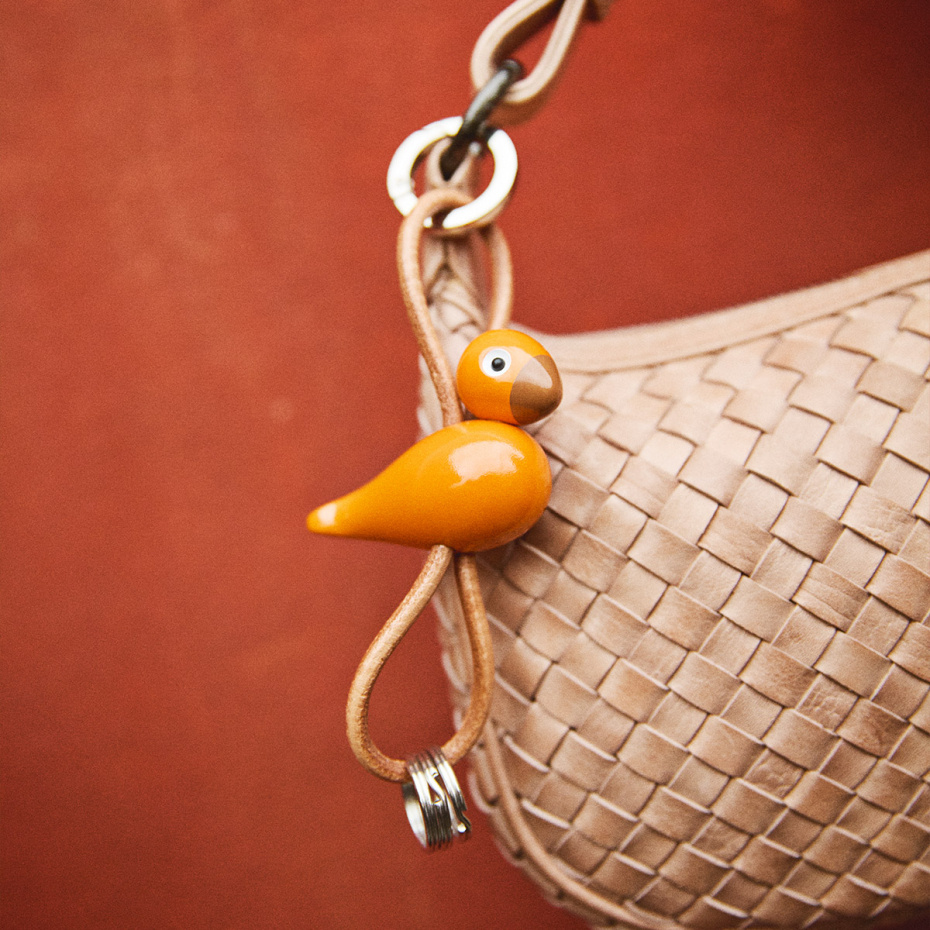 Fågel Nyckelring Silverfärgad Naturläder/Orange