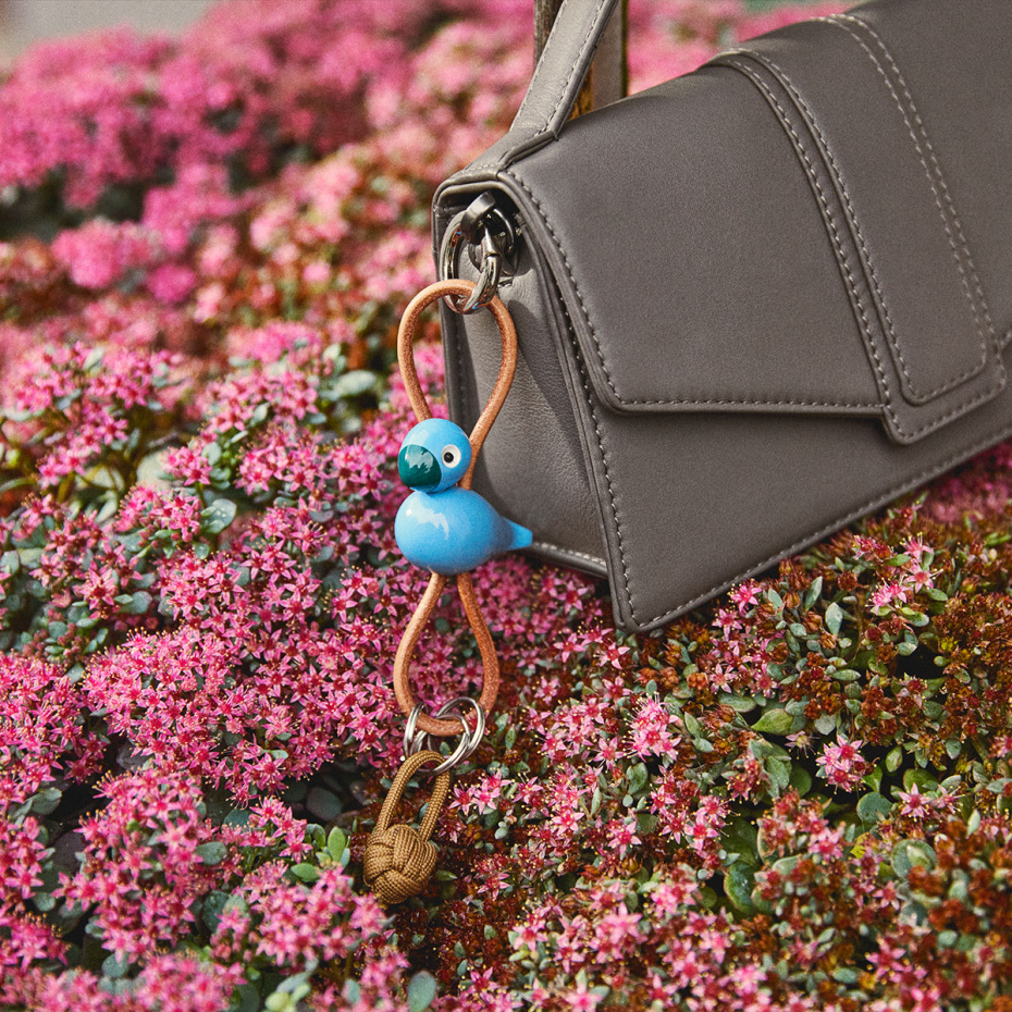 Fågel Nyckelring Silverfärgad Naturläder/Blå