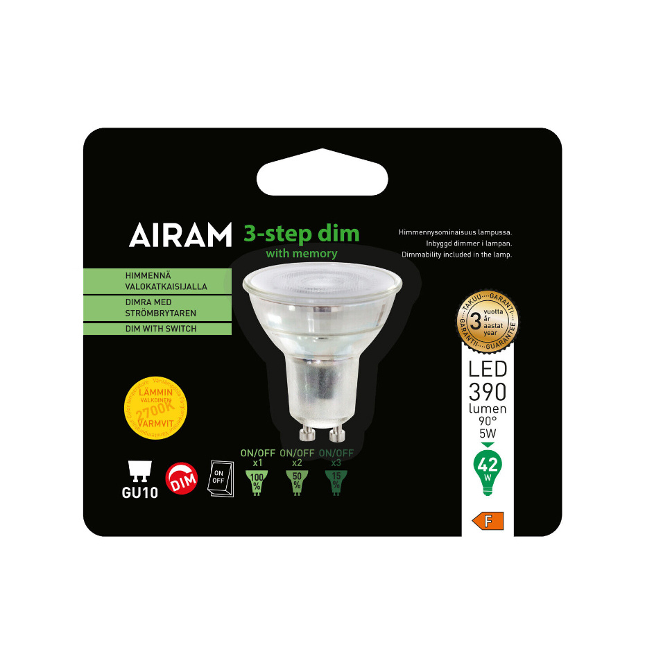 Airam 3-Stegs LED PAR16 5W (=42W) GU10