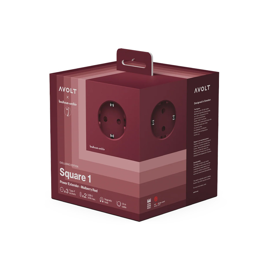 Square 1 Grenuttag Dual USB-C 30W & Magnet 1,8m Bauhaus-Archiv Edition Mulberry Red