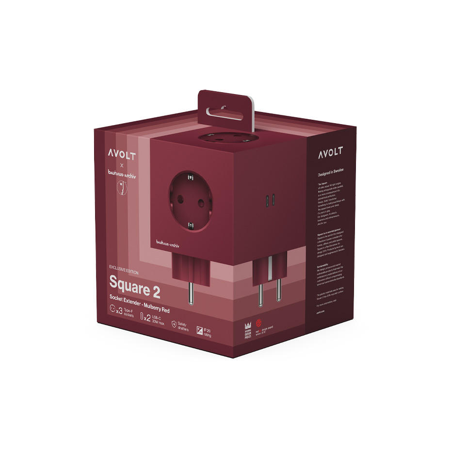Avolt Square 2 Grenuttag Dual USB-C 30W Bauhaus-Archiv Edition Mulberry Red