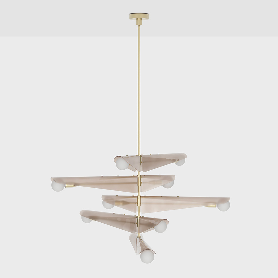 Sycamore 5 Ljuskrona Solid Brass & Dusk Pink Glass + Sphere III LED Bulbs